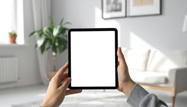 Hands holding a tablet with a blank screen in a modern living room