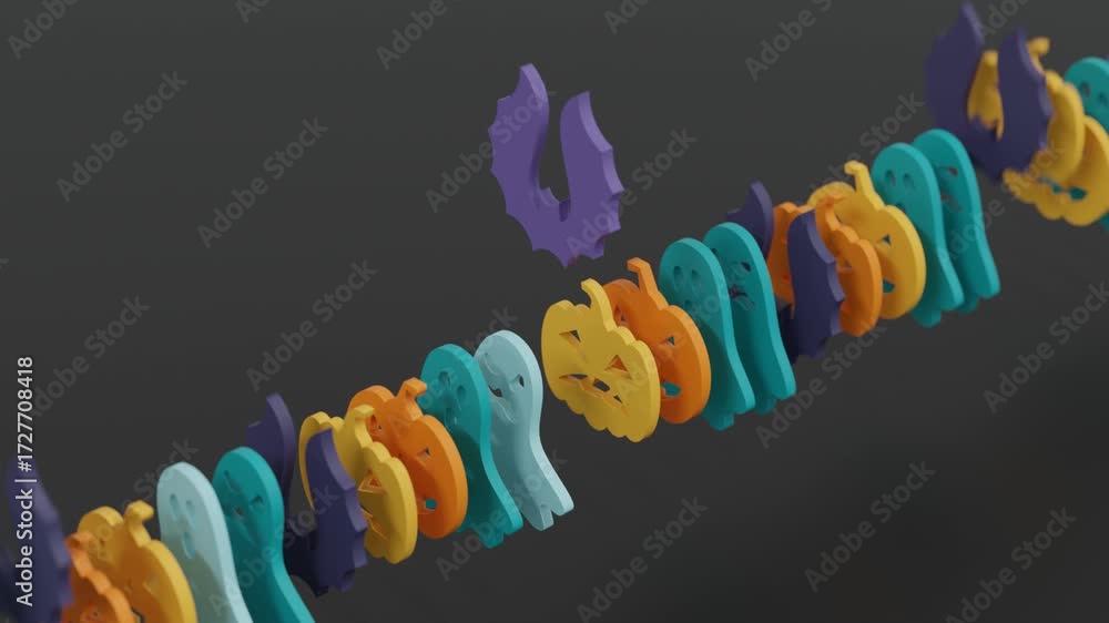 Wall mural playful 3d abstract background of colorful flat halloween icons arranged in line, each symbol rising