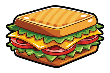 Cartoon sandwich with lettuce, tomato, cheese and bread is isolated against white