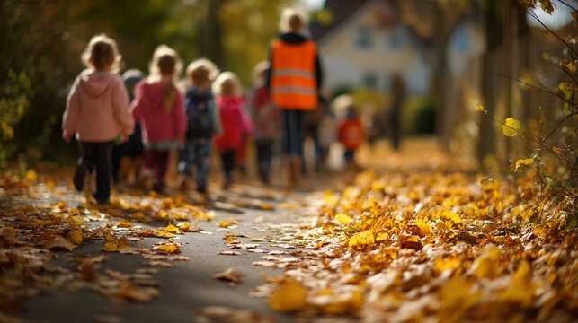 children walking on path with autumn leaves