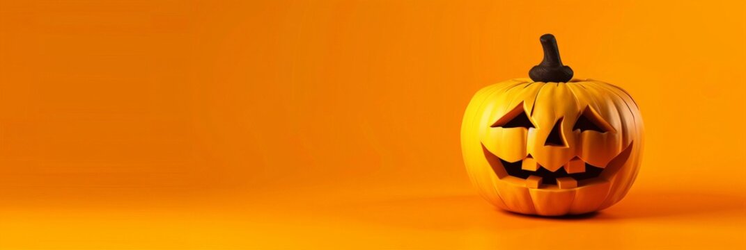 Halloween pumpkin jack-o-lantern on bright orange background, spooky festive banner, autumn holiday decoration, scary glowing carved face, seasonal design for celebration, party, greeting, poster