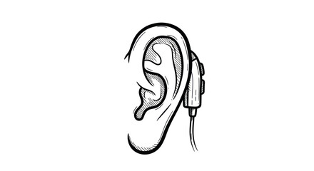 Line drawing of a human ear with a hearing aid.