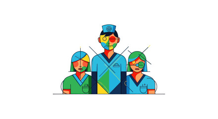 Colorful Illustration of Medical Staff: Doctor and Nurses in Uniforms.