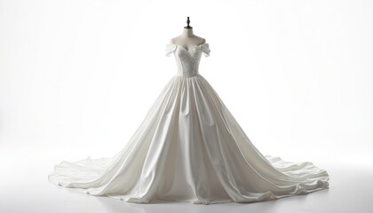 White off shoulder wedding dress features a structured bodice with intricate beadwork and a full satin ball gown skirt. Floor length train flows elegantly. Formal bridal attire for a special day.