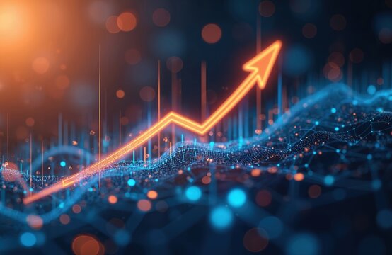 Glowing orange arrow graph shows upward trend on abstract digital network background. Data analytics chart displays positive growth in cyber space. Futuristic technology concept illustration.