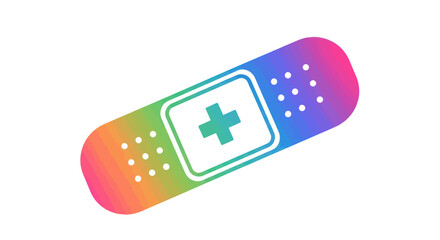 A colorful rainbow gradient adhesive bandage with a green medical cross symbol.