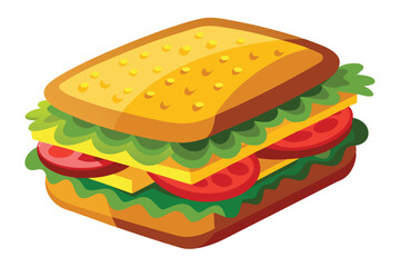 Tasty cartoon sandwich layers lettuce, cheese, and tomato slices between two pieces of bread