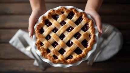 Fresh homemade lattice cherry pie held by hands over rustic wooden table with cutlery