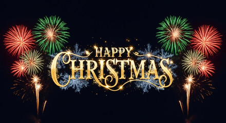Happy Christmas text with festive fireworks burst. Holiday greeting card design. Celebration background with golden lettering and snowflakes.