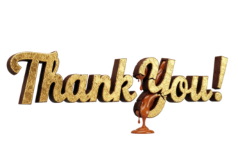 Hyperrealistic macro shot of 3D 'Thank You!' text, dark chocolate letters with edible gold leaf, molten caramel oozing from fractured 'Y', transparent background, studio lighting, concept of luxurious
