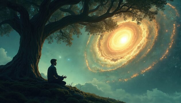 Man meditates under old tree near swirling galaxy. Person finds inner peace and connects with universe. Scene shows man in lotus pose. Cosmic dream.