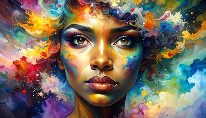 Colorful portrait of a woman with flowing hair and bright splatters of paint around