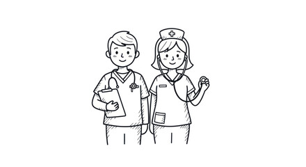 Cartoon Illustration of a Male Doctor and Female Nurse with Stethoscope and Clipboard.