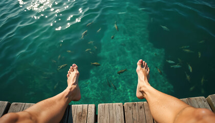 Person relaxes on wood pier, bare feet dangle over clear water. Small fish swim below in turquoise blue ocean. Sun shines on water surface. Peaceful summer day activity for body, mind. Enjoy tropical