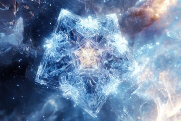 A mesmerizing, crystalline snowflake with a star-like core, set against a cosmic backdrop of swirling nebulae and stardust.