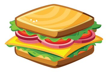 Toasted bread sandwich displays layered lettuce, cheese, tomato, and onion fillings