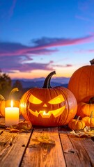 Jack-o'-lantern at sunset on rustic wooden planks