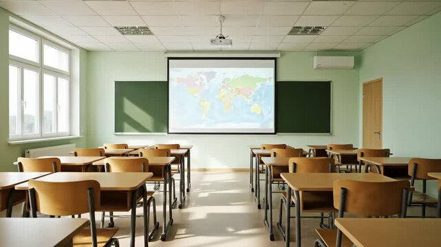 An empty school classroom filled with natural light, wooden desks, and a world map projection ready for a lesson