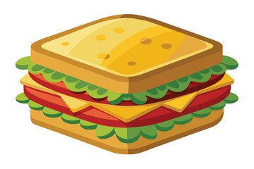 Isometric sandwich shows layers of bread, cheese, lettuce, and tomato against a white backdrop