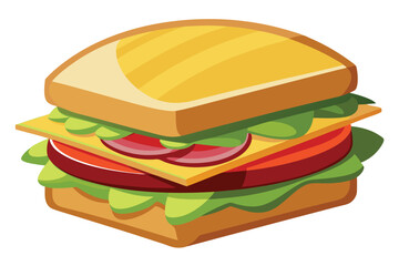 Isometric sandwich shows layers of fresh lettuce, tomato, ham, and cheese filling