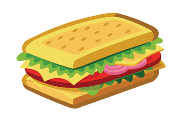 Isometric sandwich with lettuce, tomato, cheese, and onion is shown on white