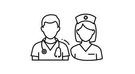 Outlined Doctor and Nurse Team Medical Professionals Icon.