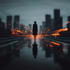 Silhouette Of A Woman Standing On Neon Night City Street With Reflections And Futuristic Glow