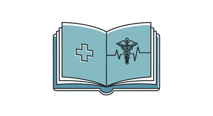 Open Medical Book with Cross Caduceus and Heartbeat Symbols.