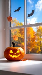 Jack-o'-lantern on windowsill, autumn scene