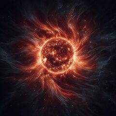 Fiery Solar Sun With Dynamic Corona in Deep Orange and Red Hues Across Space