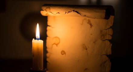 Old parchment with subtle stains, beside a glowing candle
