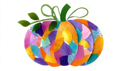 Playful children’s pumpkin collage made from colorful paper scraps, isolated on white for seasonal craft projects.