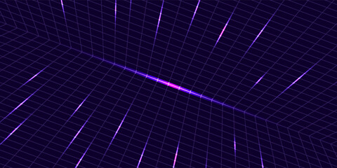 Synthwave wireframe net illustration. Abstract digital background. 80s, 90s Retro futurism, Retro wave cyber grid. Top and bottom surfaces. Neon lights glowing.