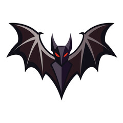 Stylized dark bat with red eyes and wide wings isolated on white background