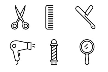 Obraz premium Barber tools icon set: scissors, comb, straight razor, hair dryer, barber pole, mirror