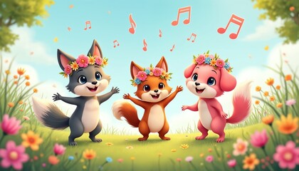 Fototapeta premium Cute cartoon animals dance in vibrant spring field. Grey cub, orange fox, pink pup wear bright flower crowns. Smile, arms open, celebrating with music notes floating above. Happy forest creatures
