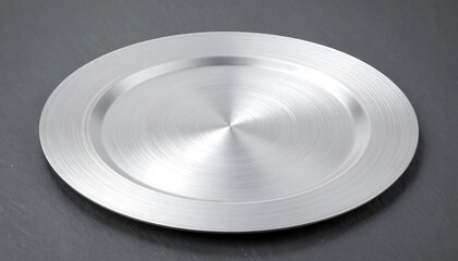 Shiny silver plate with concentric circles on gray surface, elegant & minimalist