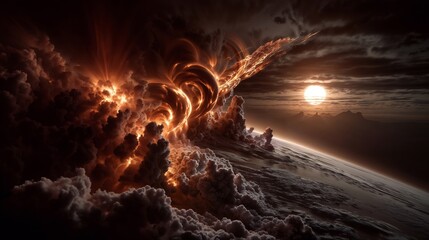 Epic Space Storm Over Planet Edge With Fiery Clouds And Distant Sun