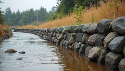 Stone gabion walls contain river flow along grassy bank. Protective rock barriers regulate water, prevent bank erosion. Natural landscaping design.