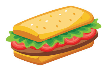 Cartoon sandwich featuring yellow bun, green lettuce, brown meat, and red tomatoes