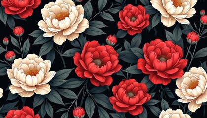 Seamless pattern of large red and cream peonies with dark green leaves on black background. Elegant floral design repeat for textiles or wallpapers.