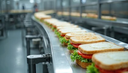 Assembly line produces neat sandwiches for mass distribution. Automated food prep facility ensures quality, hygiene, and efficient meal service. Culinary operation meets high standards.