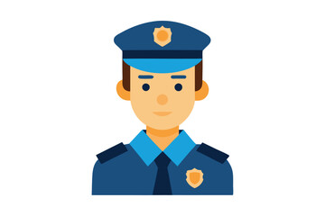 Smiling police officer with hat and badge stands confidently in his official navy uniform