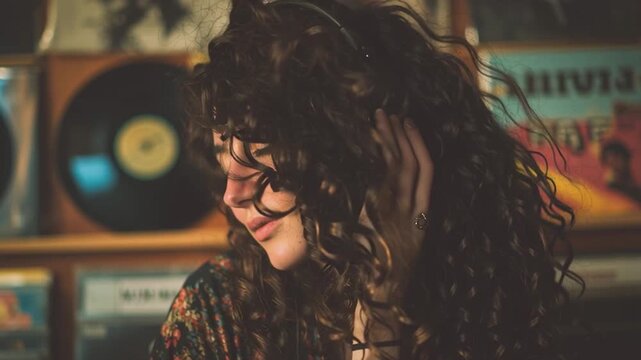 Young Woman Listening to Vinyl with Headphones