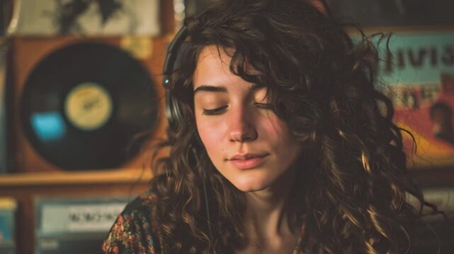 Young Woman Listening to Vinyl with Headphones