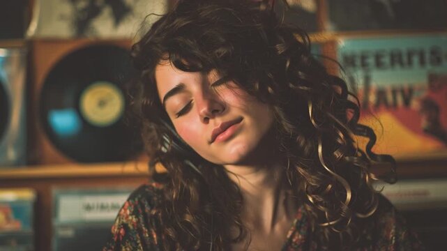 Young Woman Listening to Vinyl with Headphones