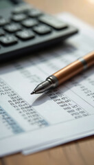 Obraz premium Calculator and pen rest on financial papers. Numbers and text on sheet suggest analysis of budgets and accounts. Pro finance review with detailed records.