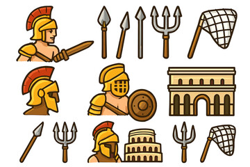 Ancient roman gladiators and colosseum icons collection