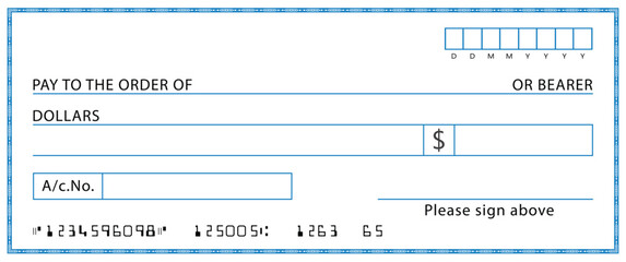 Empty money cheque. Bank check. check book template with pattern and blank fields. Currency payment coupon, US dollar check background.