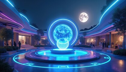 Futuristic glowing plaza with orb display, neon lights, and moonlit night sky. Modern architecture with people mingling. Outdoor entertainment complex or tech hub.